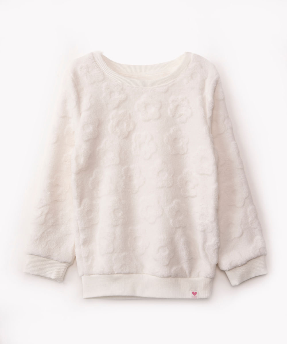 blusa de pelúcia infantil floral gola redonda off white