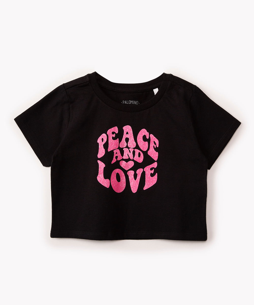 camiseta cropped infantil manga curta peace and love preto