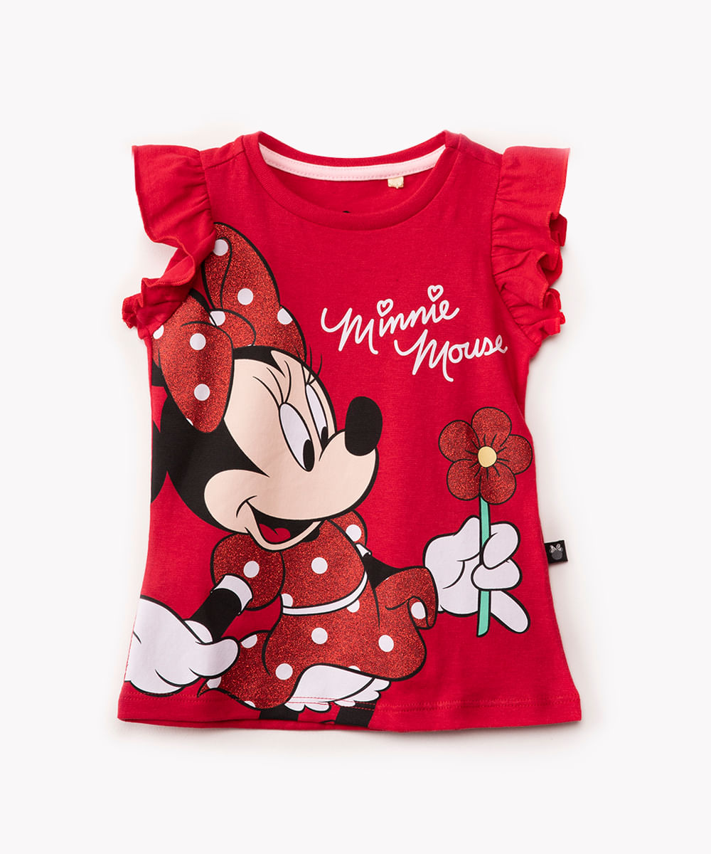 camiseta infantil manga curta minnie com babado vermelho