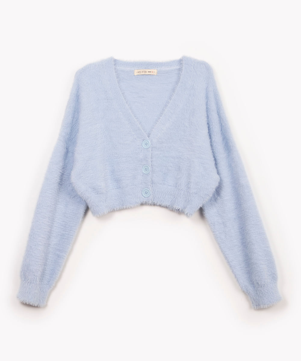 cardigan cropped de tricot juvenil com pelinhos azul claro