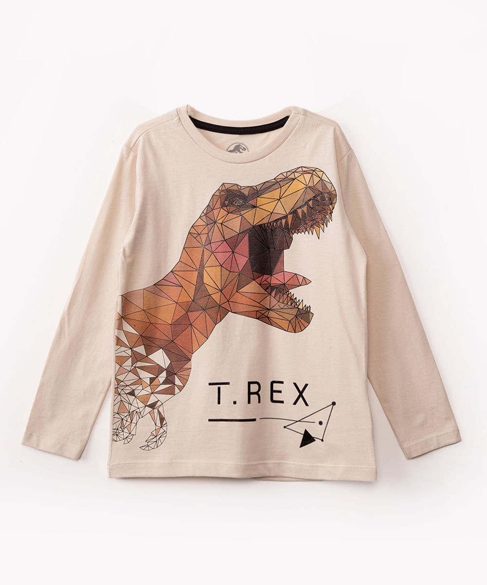 camiseta de algodão infantil jurrasic park manga longa bege