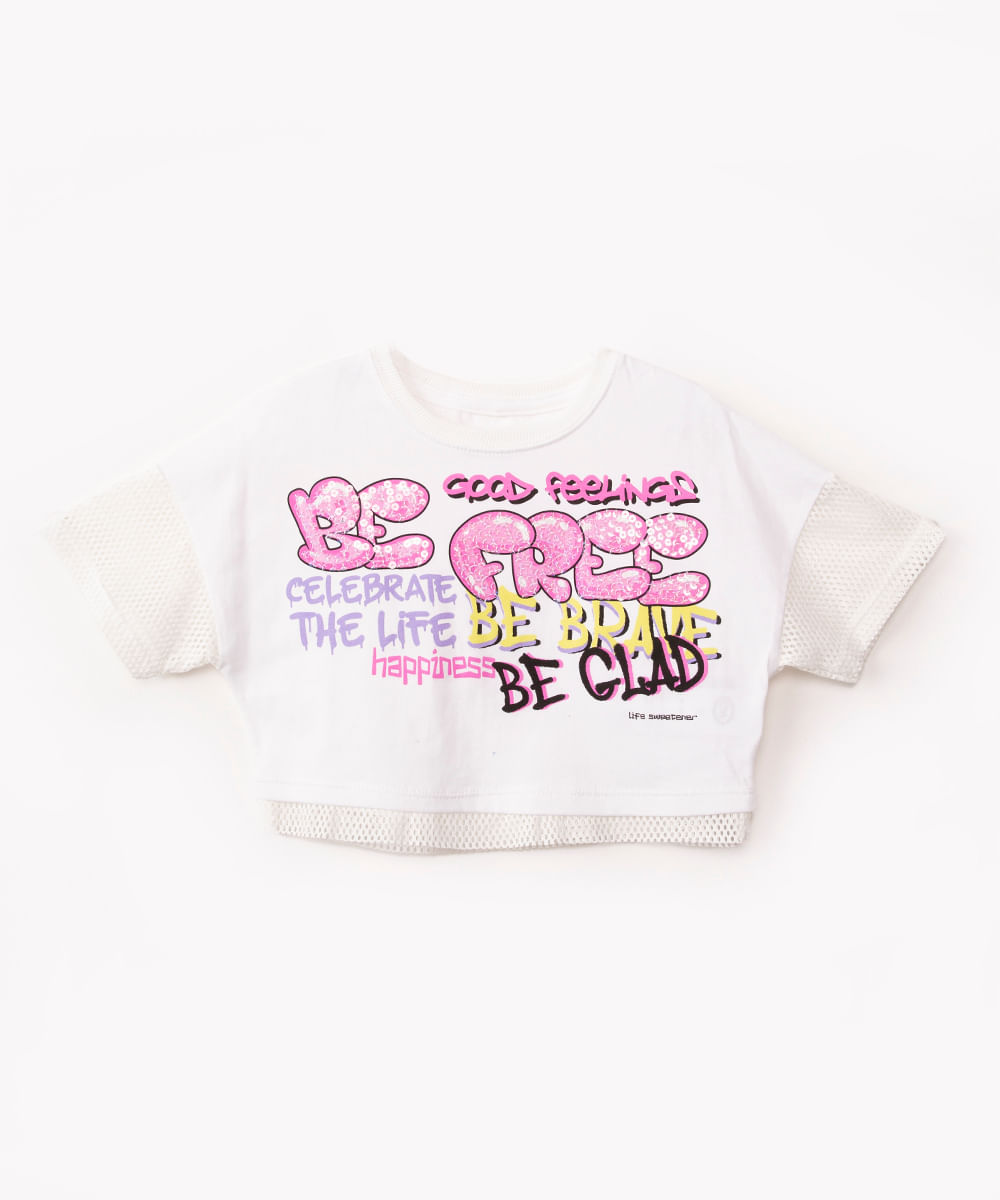 cropped de algodão infantil be free com paetê manga curta off white