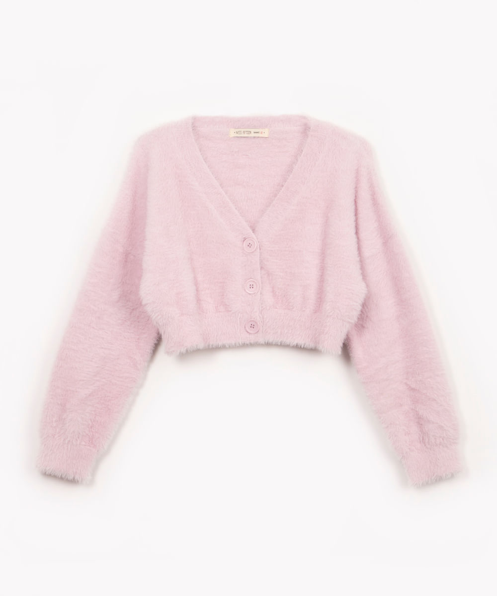 cardigan cropped de tricot juvenil com pelinhos lilás