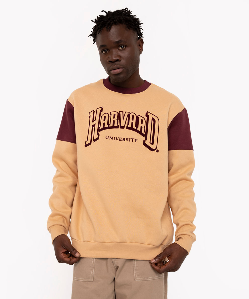 blusa de moletom harvard com recorte gola redonda bege