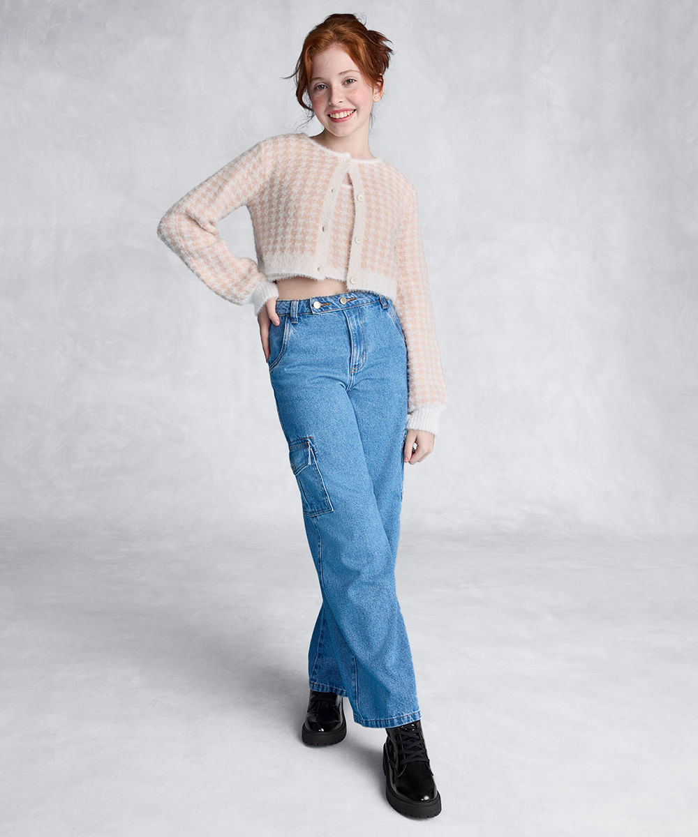 calça jeans juvenil wide leg cargo azul