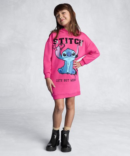 vestido de moletom infantil stitch com paetê e capuz pink 4