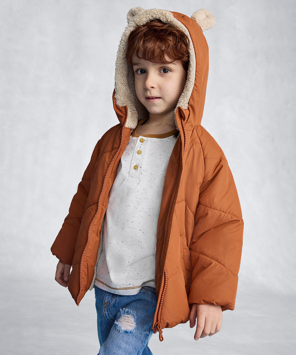 jaqueta puffer infantil com pelúcia orelhas marrom