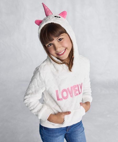 blusa infantil de pelúcia corações unicórnio com capuz off white 4 blusa infantil de pelúcia corações unicórnio com capuz off white 4
