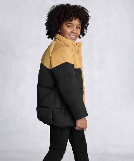 jaqueta infantil puffer gola alta com bolsos amarela 4