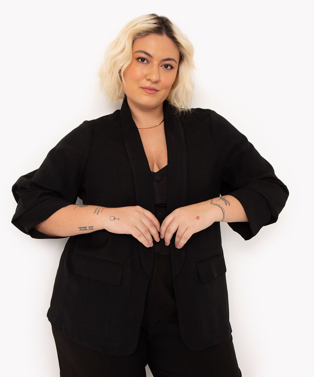 blazer plus size alongado manga franzida preto