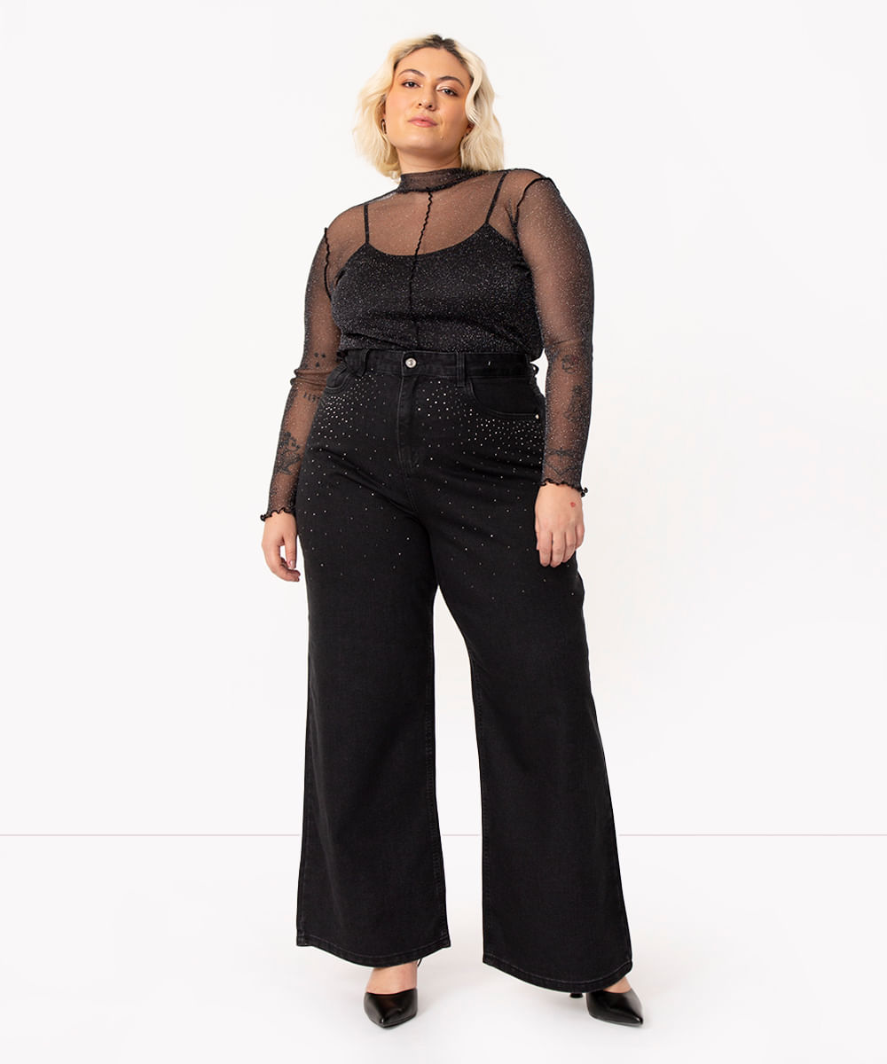 calça plus size jeans wide leg slim com brilho preto