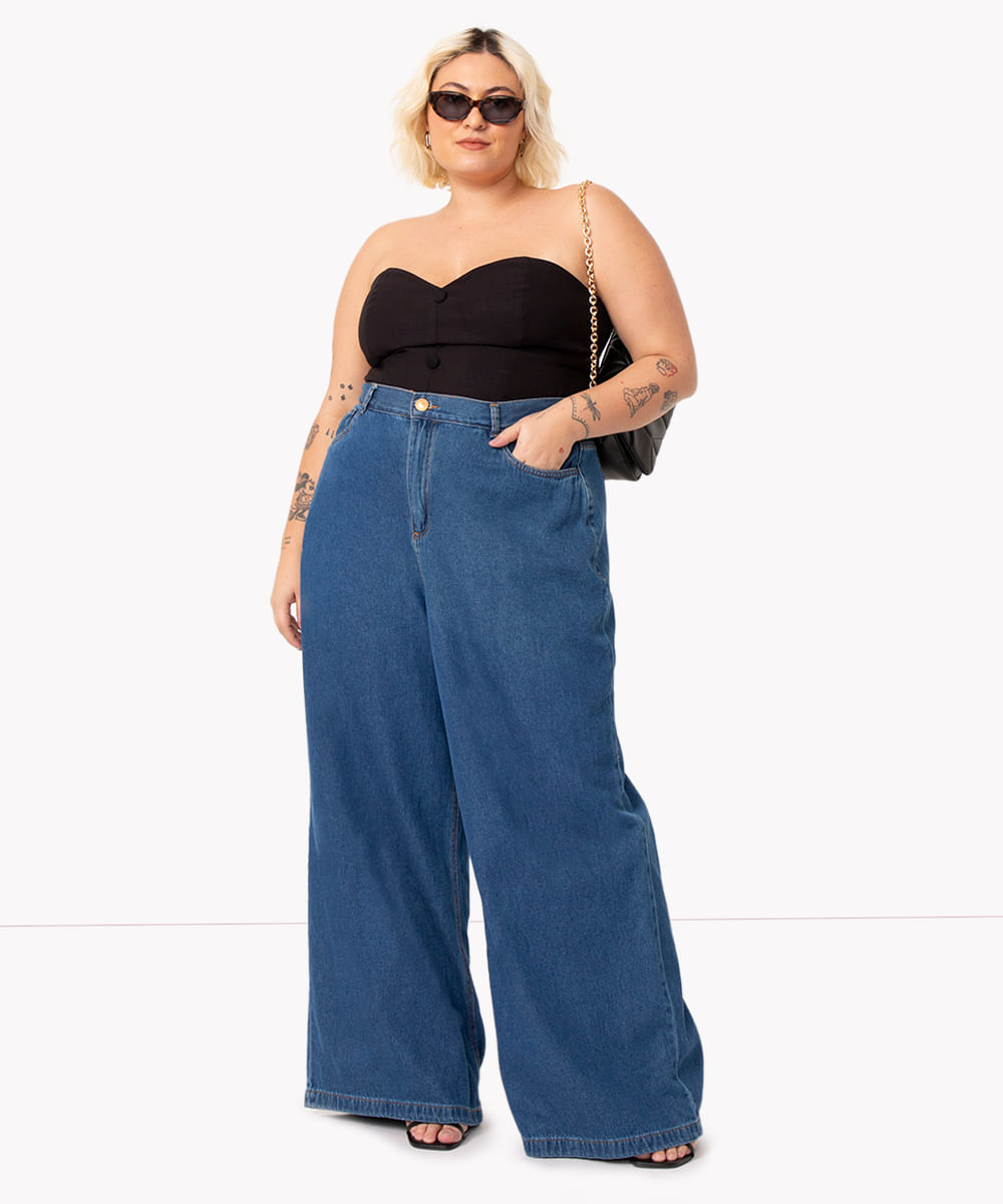 calça plus size jeans wide leg cintura super alta azul escuro