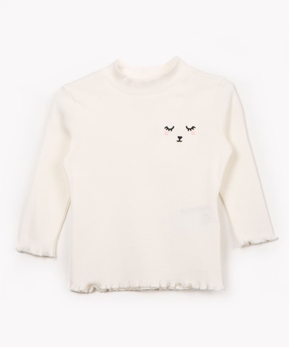 blusa de algodão infantil ursinha manga longa off white