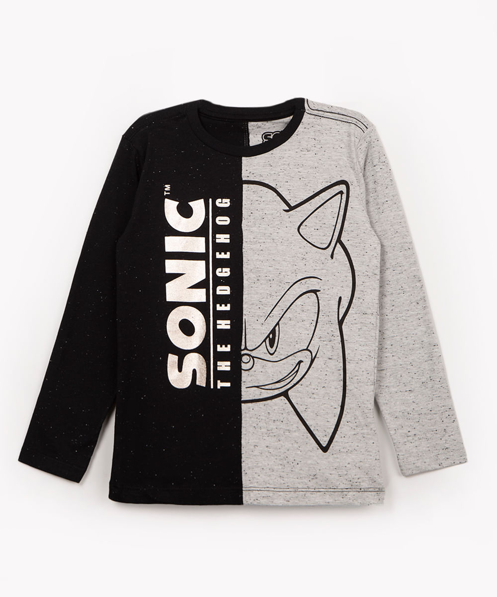 camiseta infantil sonic manga longa preto