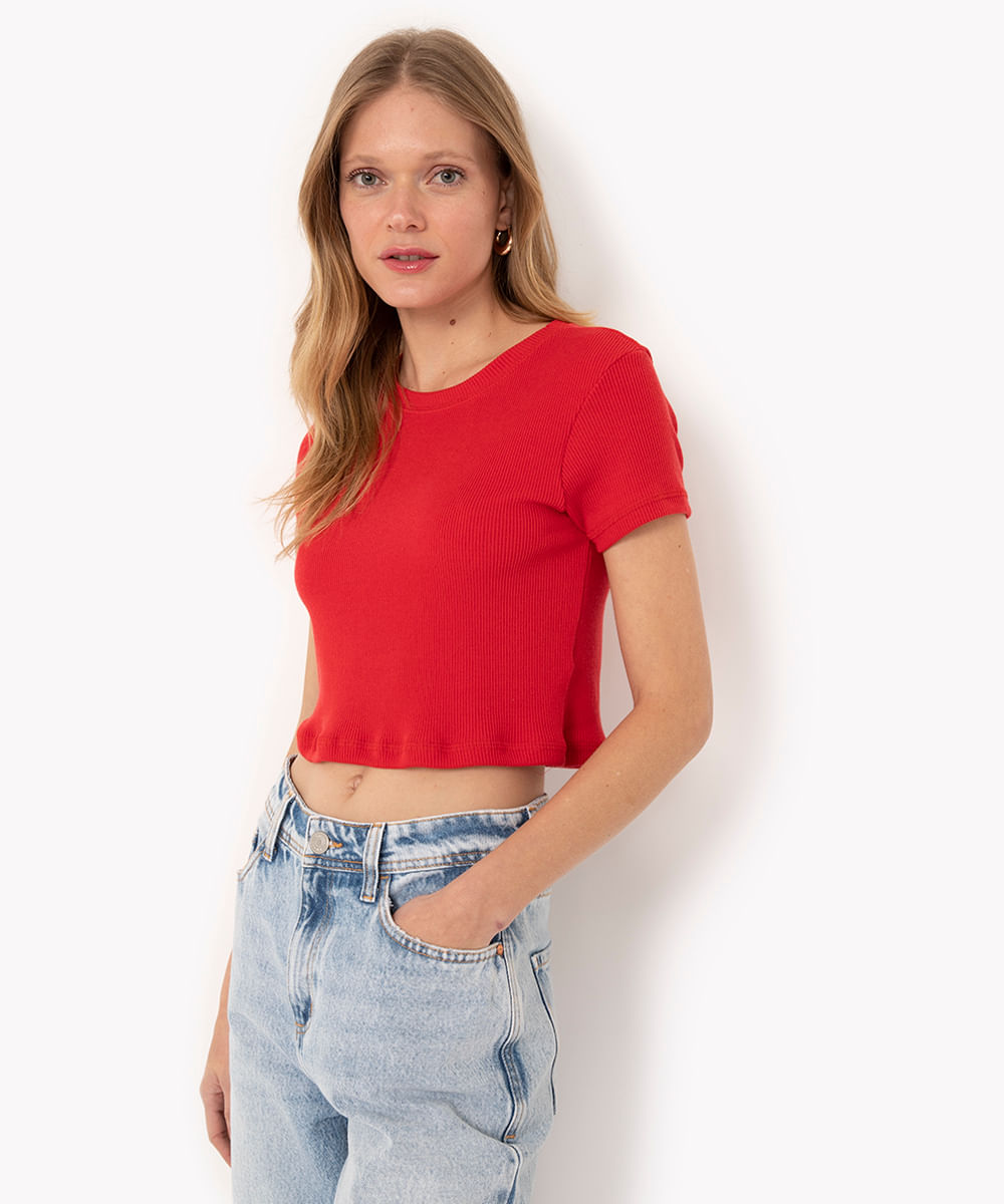 blusa canelada básica manga curta vermelho