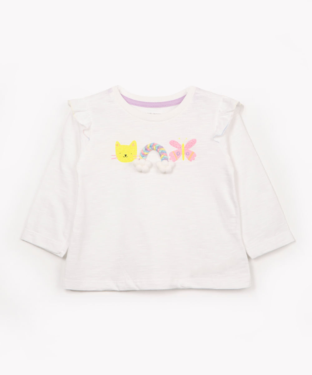 camiseta infantil de algodão arco íris manga longa off white