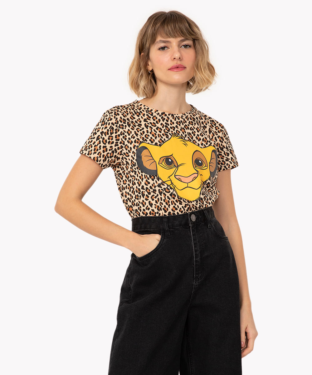 camiseta de algodão simba onça manga curta bege claro