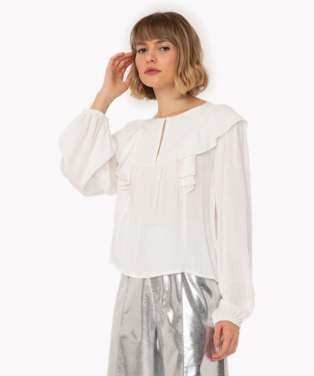 blusa de viscose com babado manga longa off white