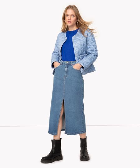 saia jeans midi cintura super alta com fenda azul médio 46