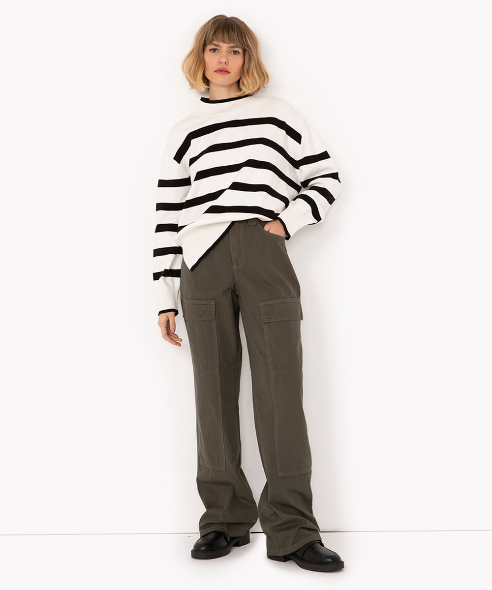 calça de sarja wide leg slim cintura média com bolsos verde