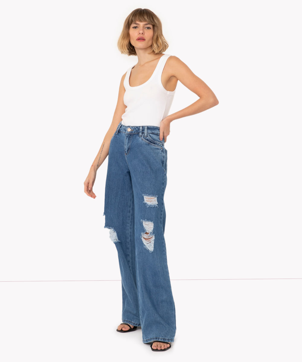 calça wide leg jeans destroyed sawary azul médio