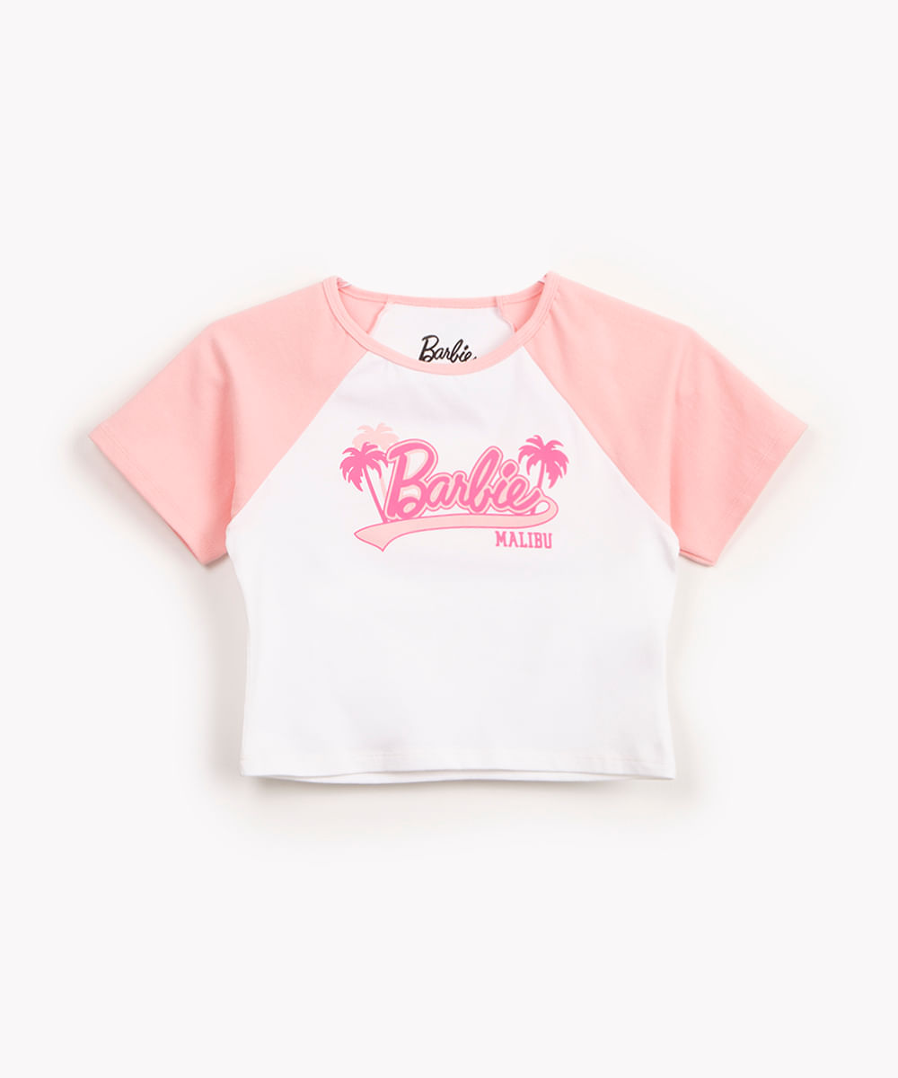 blusa juvenil de algodão barbie manga curta raglan rosa