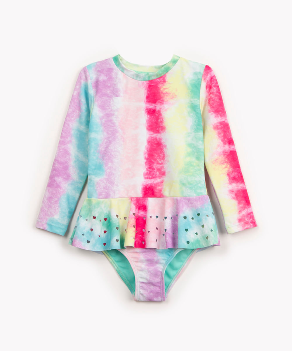 conjunto de praia tie dye com babado proteção uv colorido