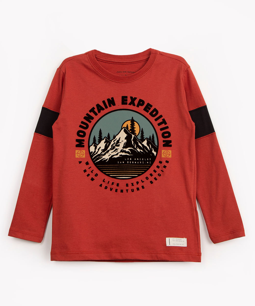 camiseta de algodão infantil montanha manga longa terracota