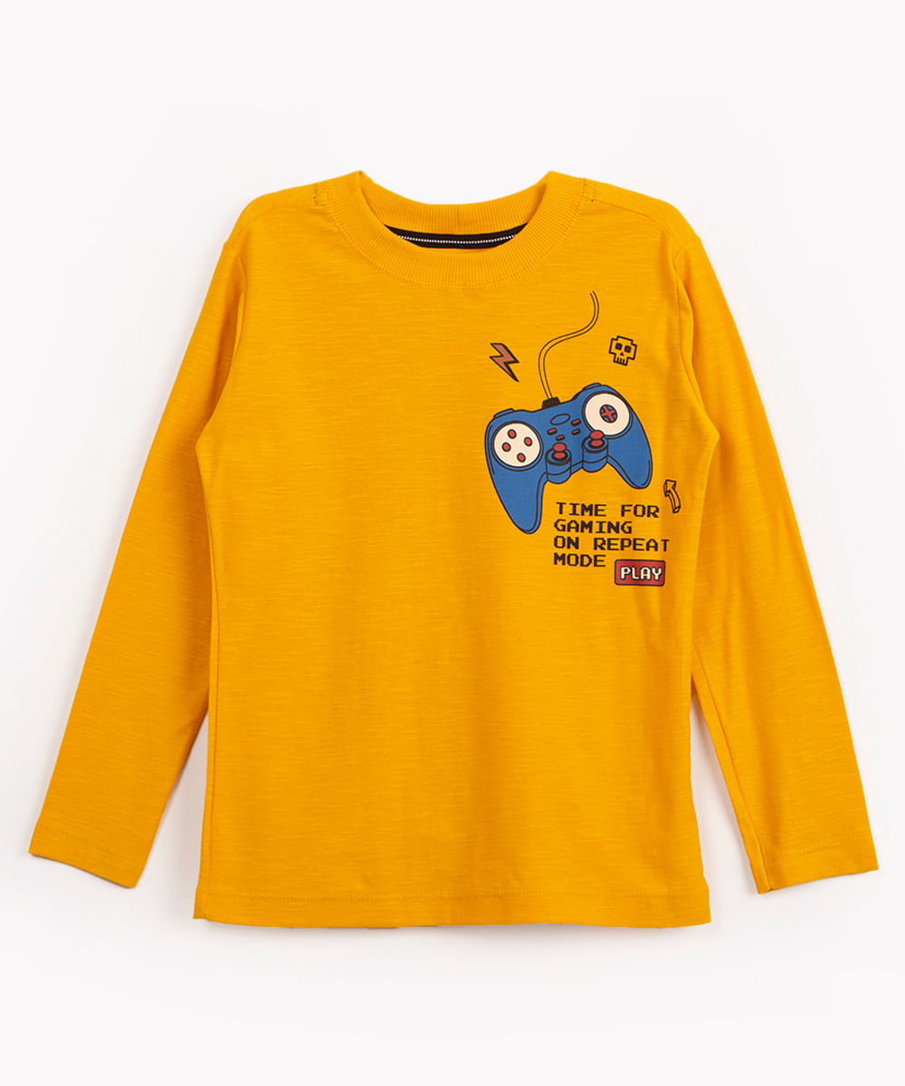 camiseta de algodão infantil game manga longa mostarda