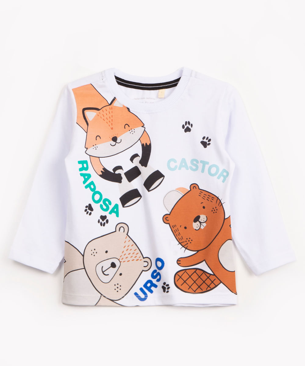 camiseta de algodão infantil bichos manga longa branca