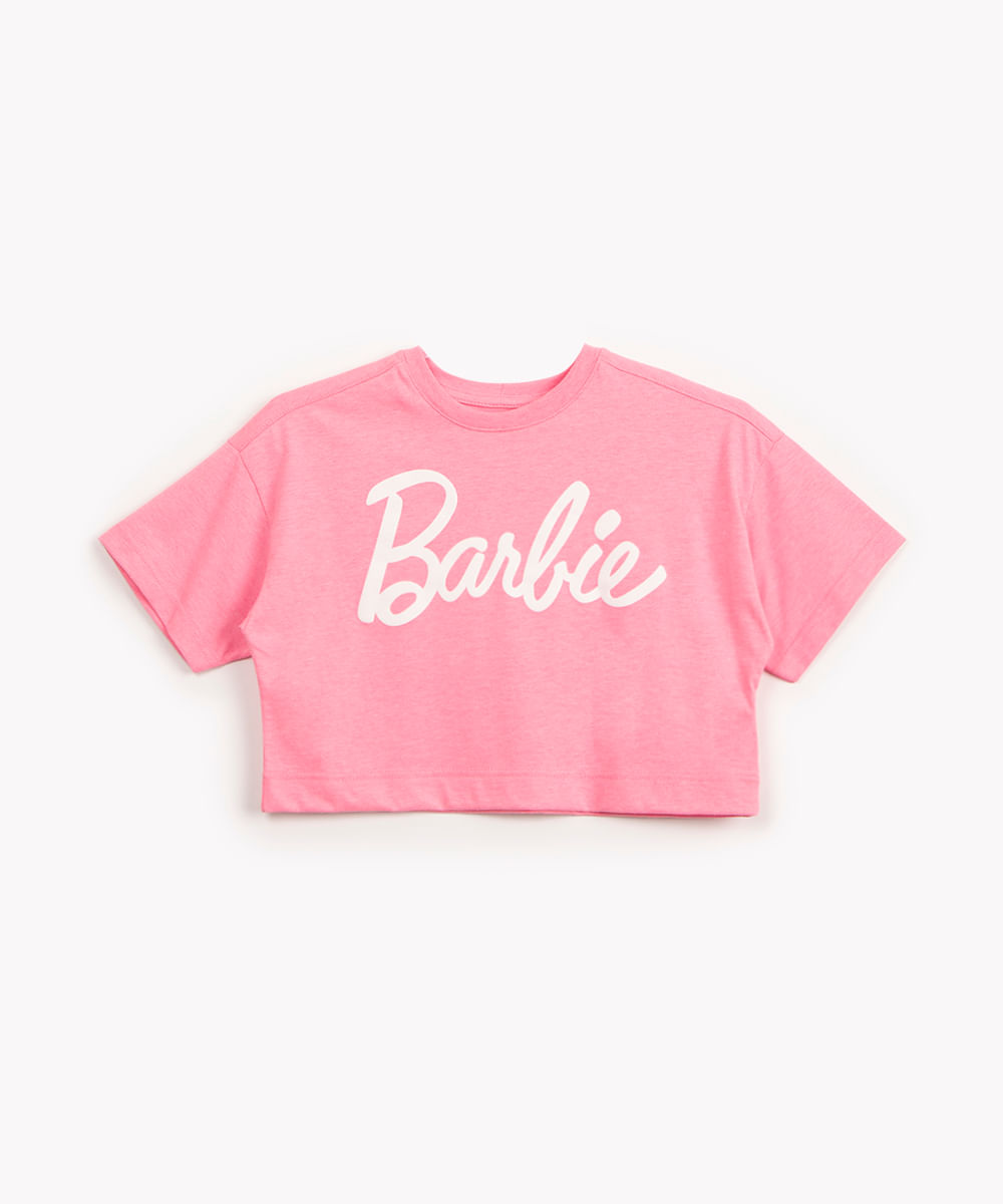 blusa infantil barbie com brilho manga curta rosa neon