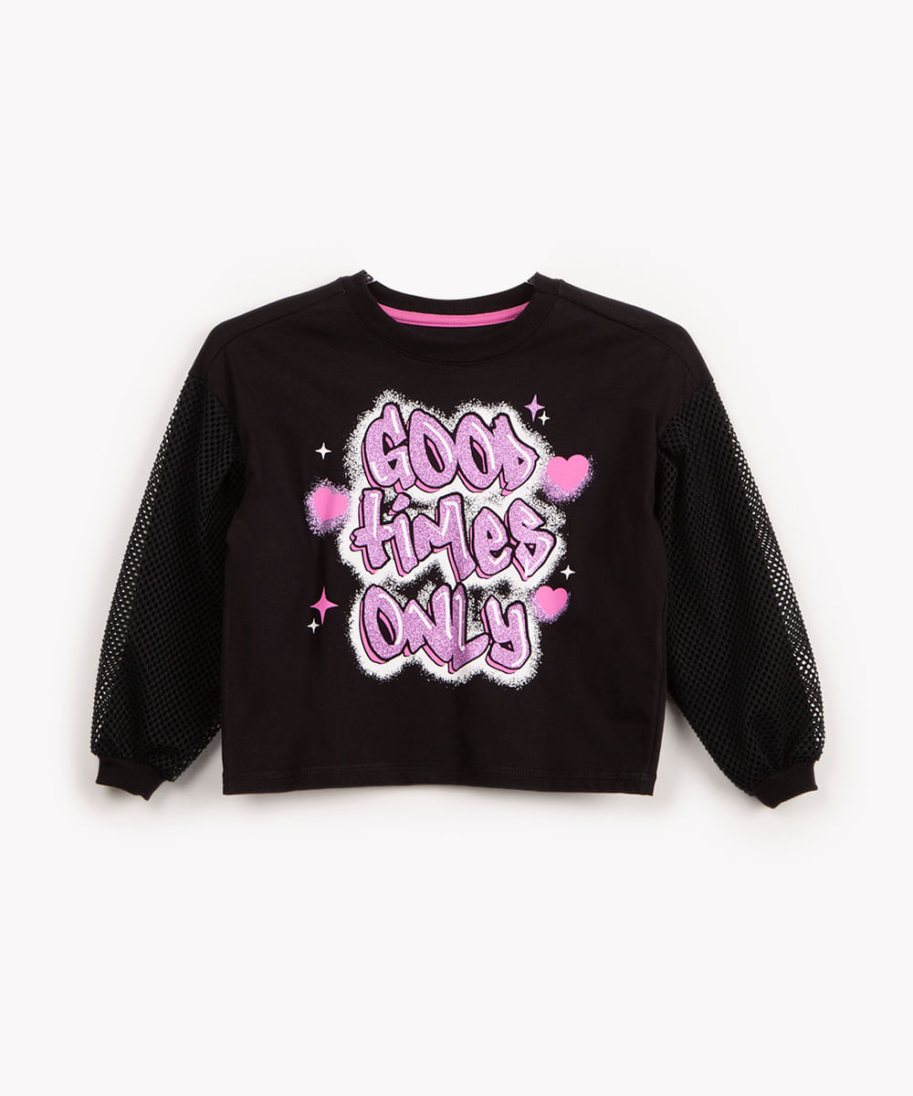 blusa infantil estampada good times only manga longa preta