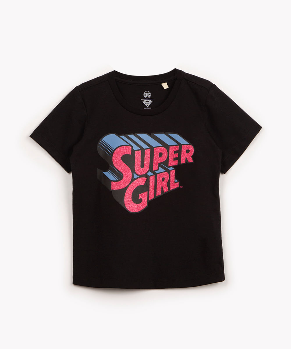 blusa de algodão infantil super girl com brilho manga curta preta