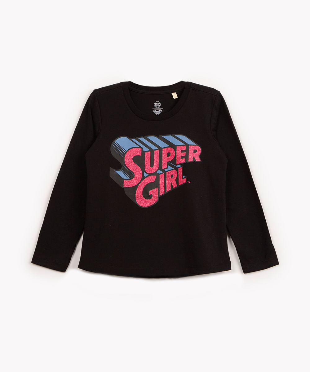 blusa de algodão infantil super girl com brilho manga longa preta