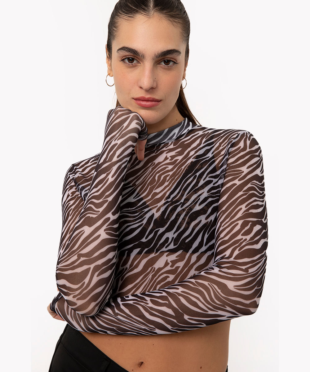 blusa de tule manga longa animal print preto