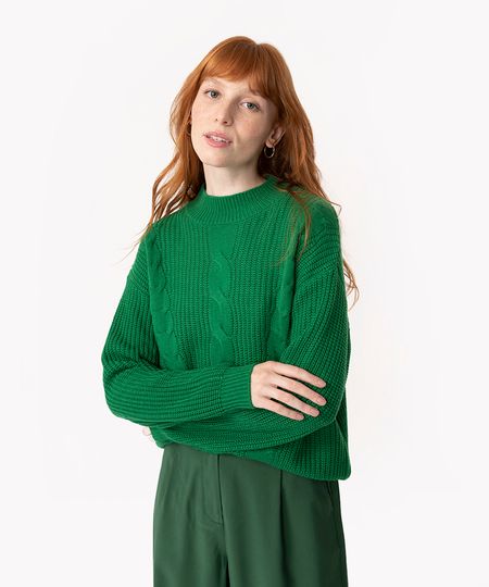 suéter de tricot trançado gola alta verde PP