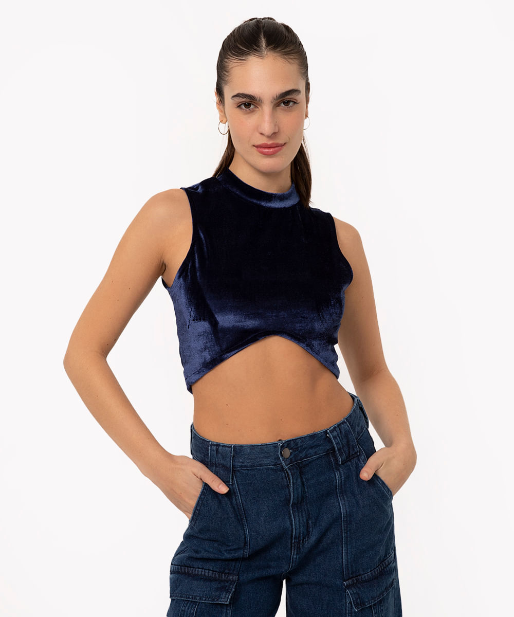 cropped de veludo halterneck azul