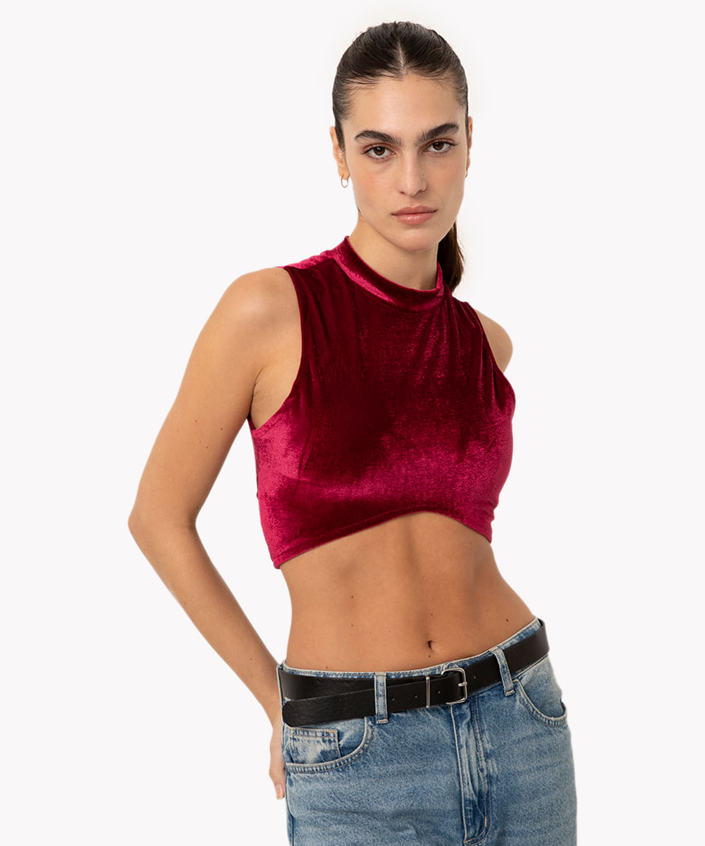 cropped de veludo halterneck vinho