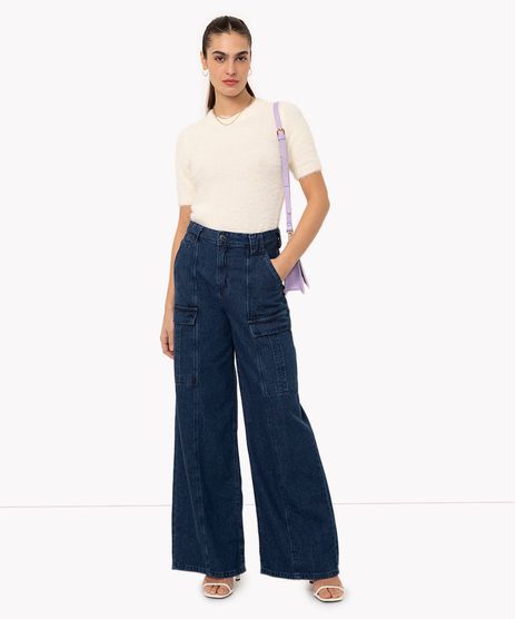 calça wide leg slim jeans cargo cintura super alta azul médio