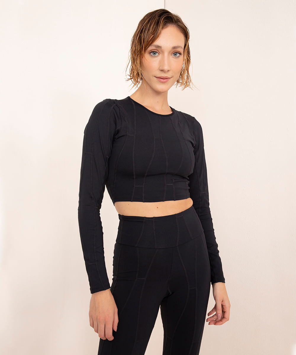 cropped de poliamida com vazado manga longa upcycling mindset sport preto