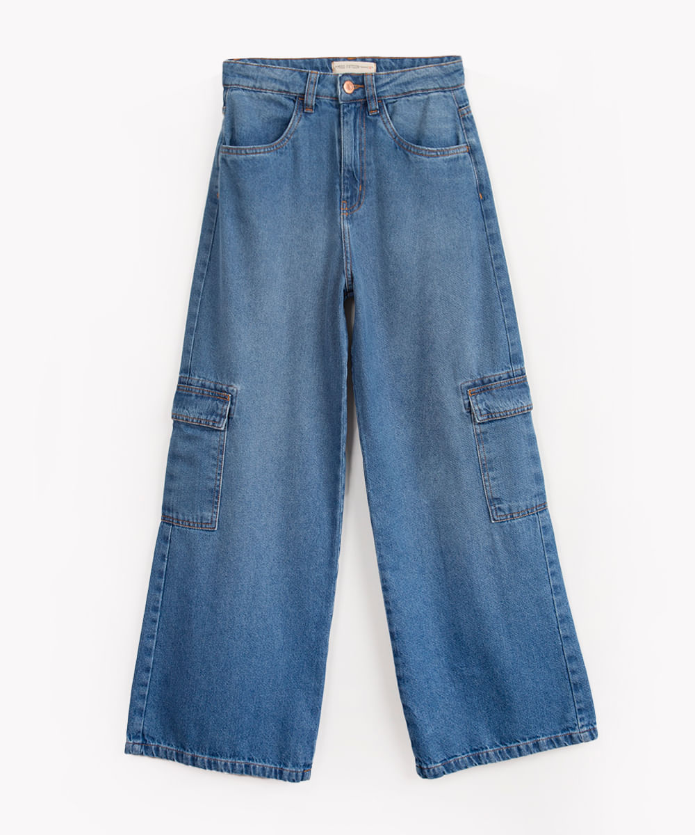 calça jeans juvenil wide leg cargo azul escuro