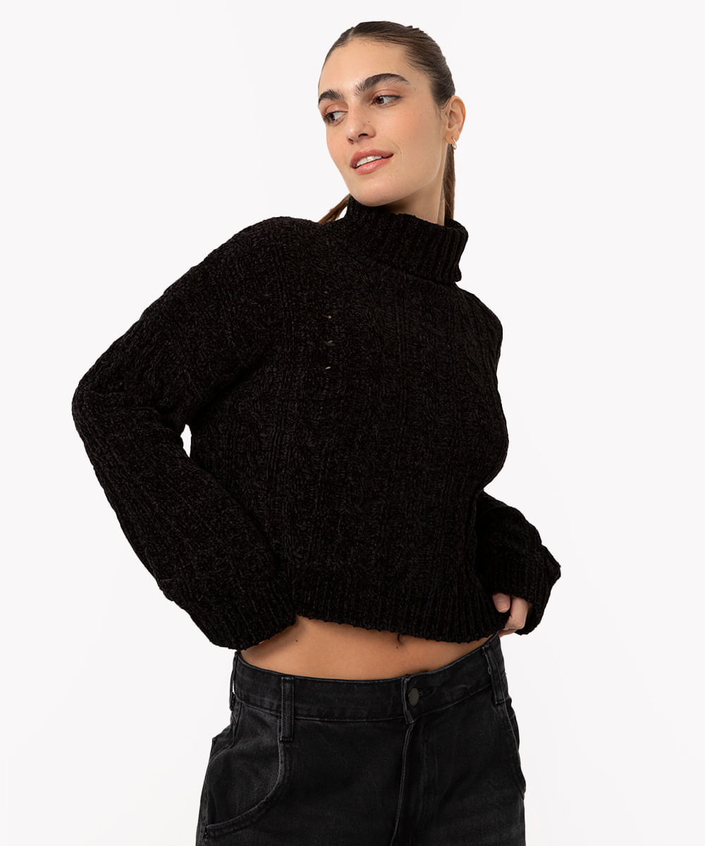 suéter de tricot chennile gola alta preto