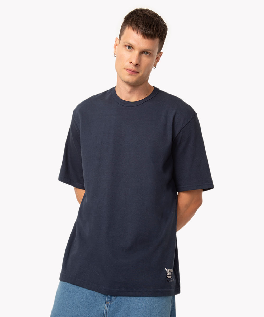 camiseta oversized de algodão manga curta azul marinho