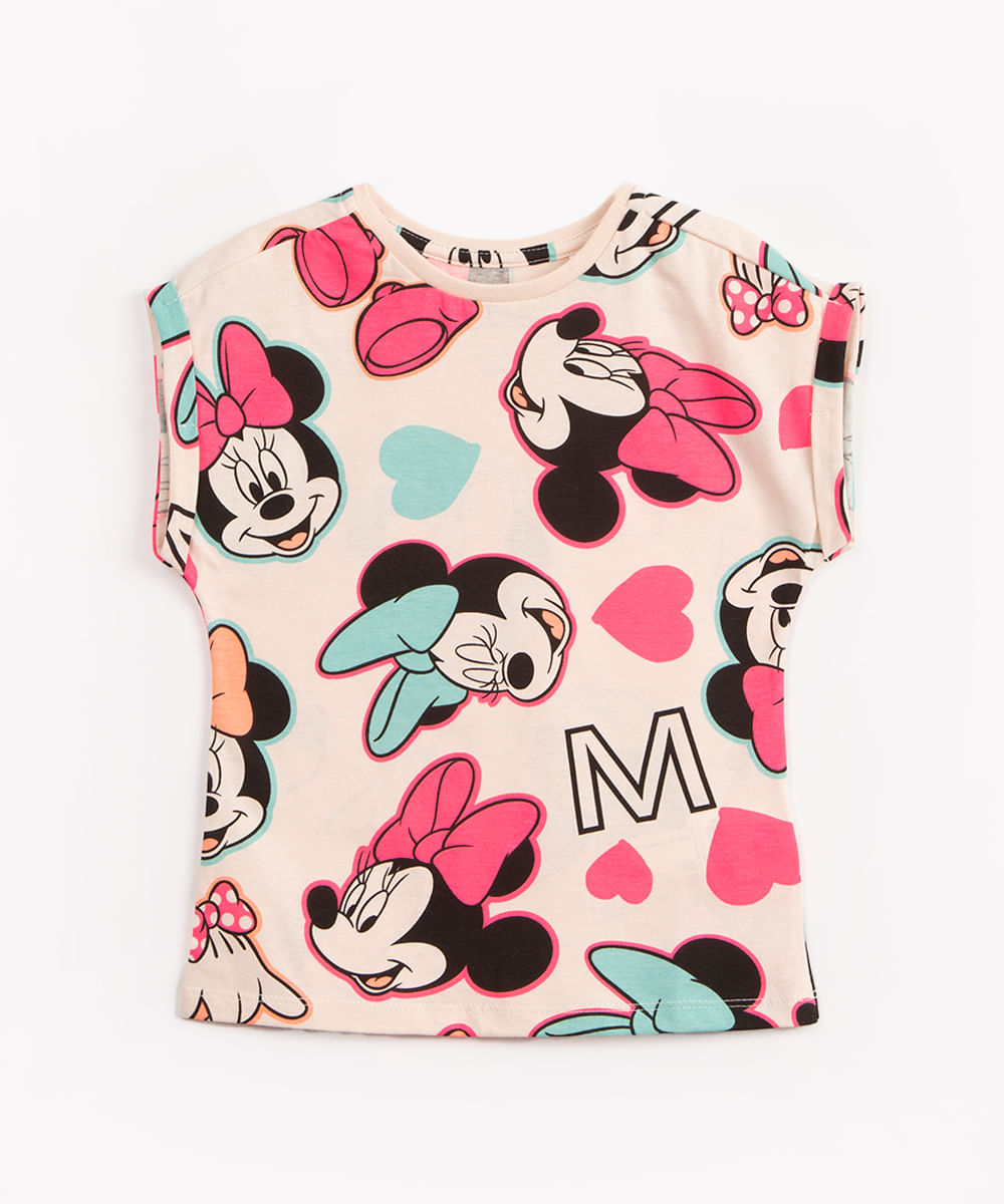 camiseta de algodão infantil minnie manga curta bege