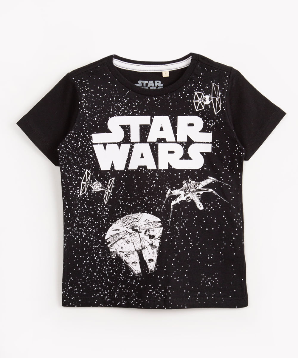 camiseta de algodão infantil star wars manga curta preto