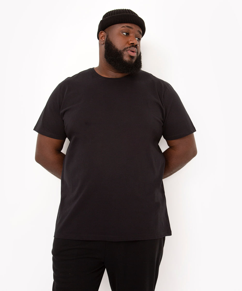 camiseta básica de algodão plus size manga curta gola careca preta