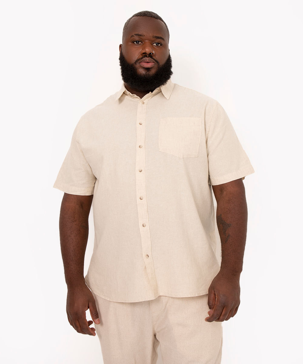 camisa plus size com linho manga curta branco - kaki