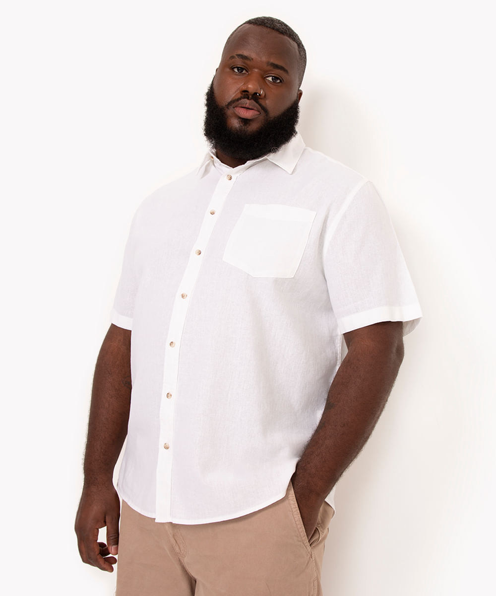 camisa plus size com linho manga curta branco