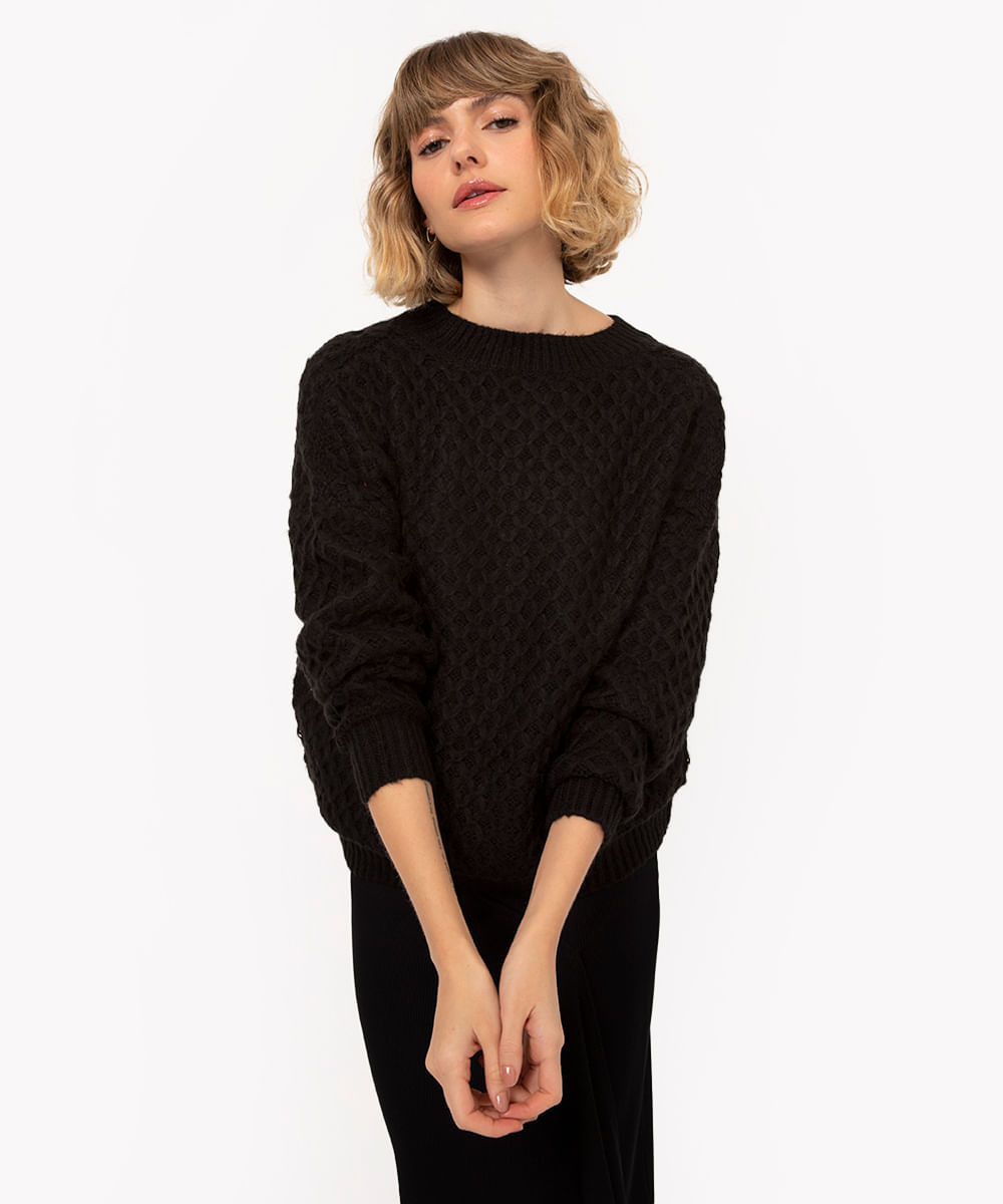 suéter oversized de tricot texturizado preto