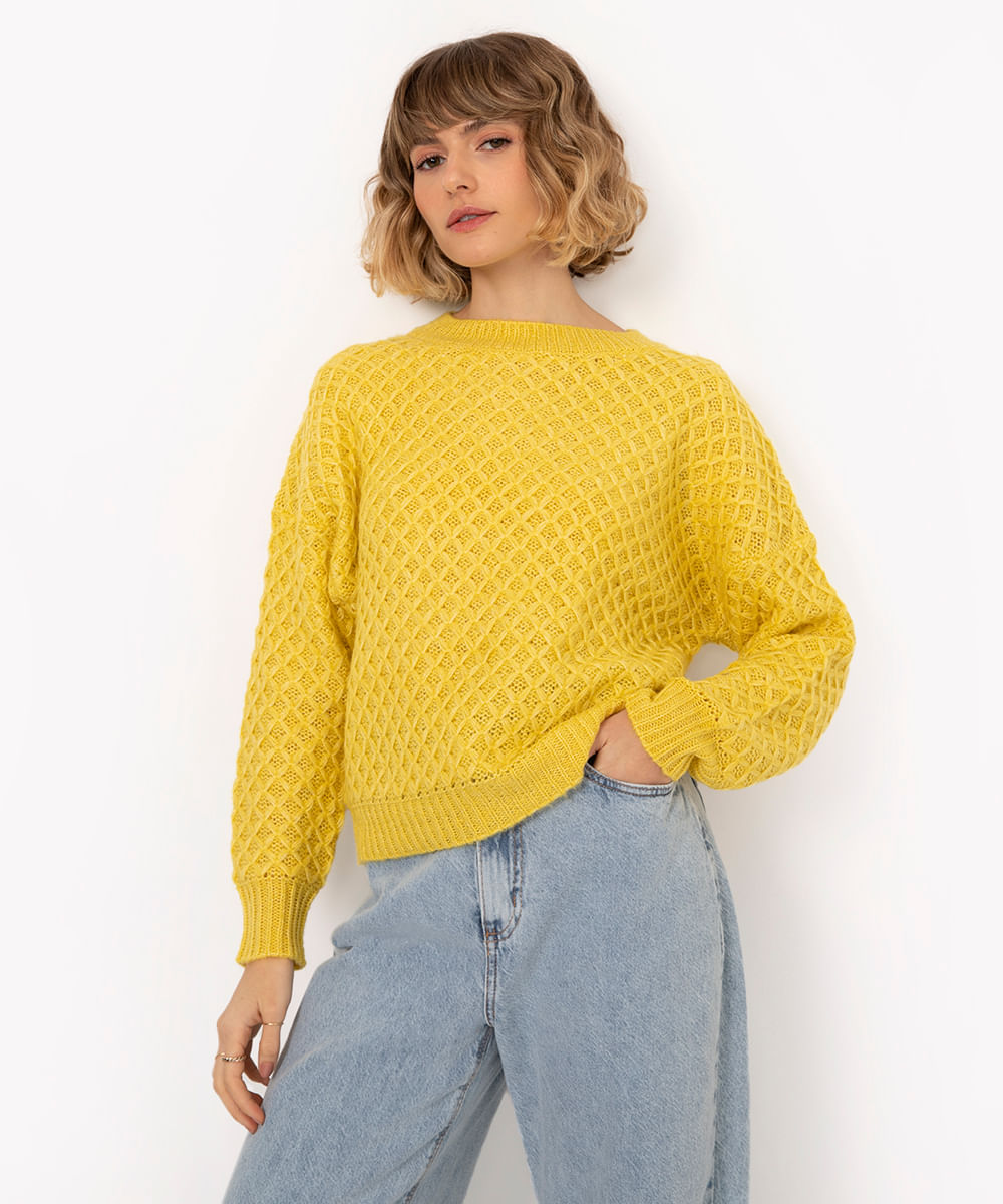 suéter oversized de tricot texturizado amarelo